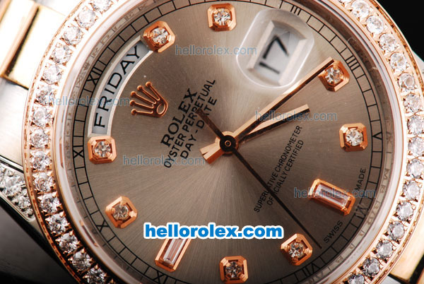 Rolex Day-Date Oyster Perpetual Swiss ETA 2836 Automatic Movement Grey Dial with Diamond Marker and Bezel-Two Tone Strap - Click Image to Close